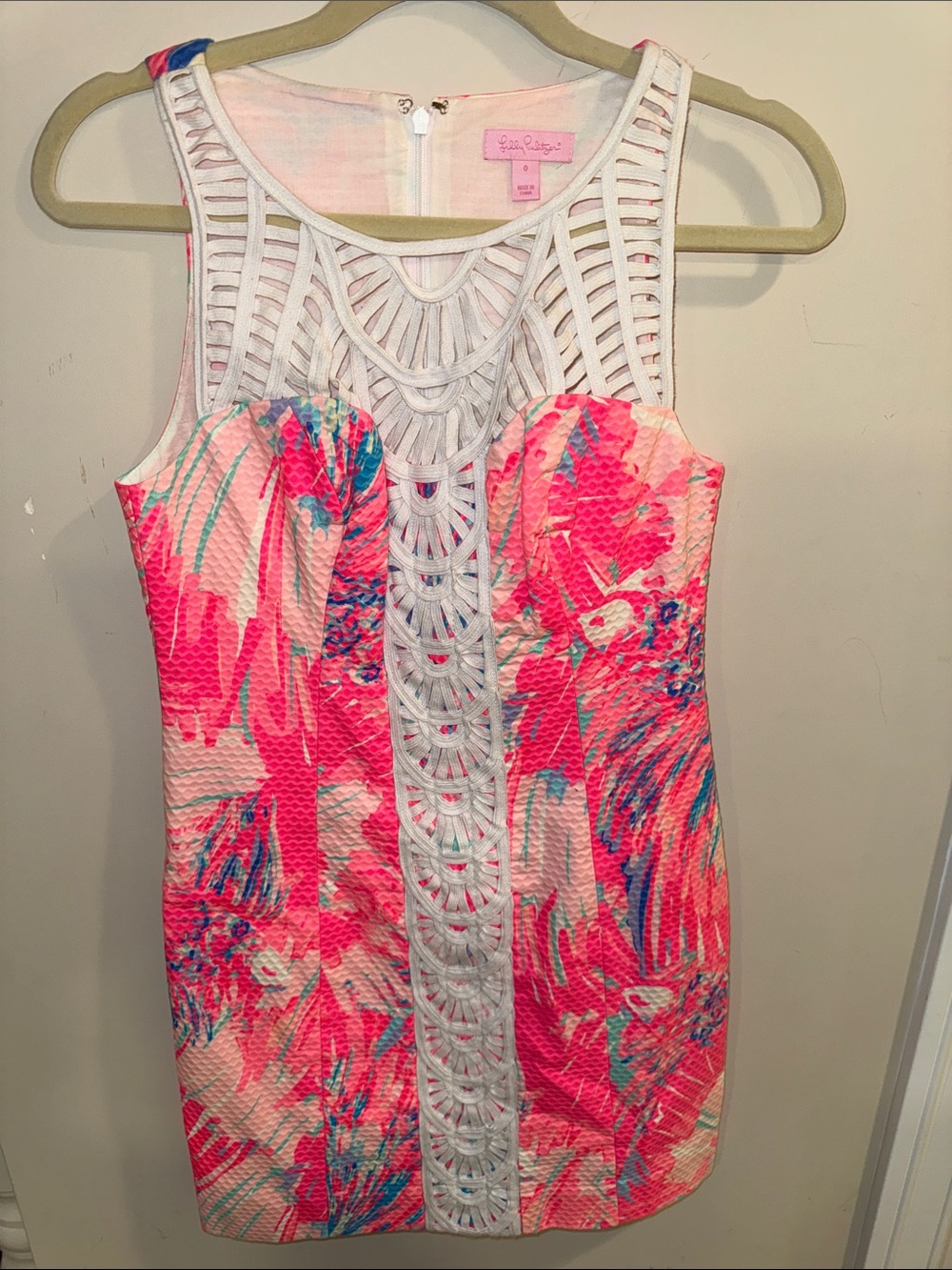 Lilly Pulitzer Pink Coral Aqua Crochet-Panel Mini Dress